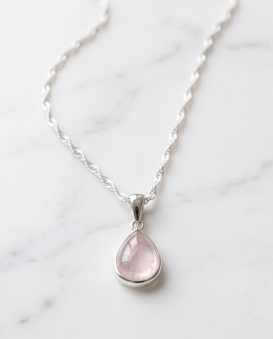 Rosenquarz Kette 925 Silber - Singapurkette