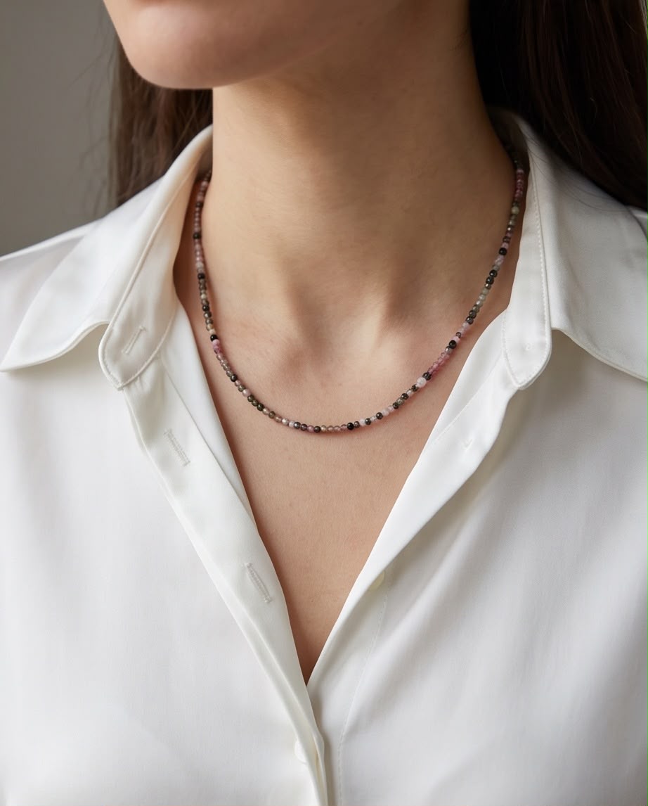 Bunter Turmalin Edelstein Kette (dunkel) mit 925 Silberverschluss