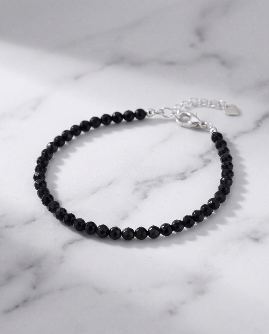 Schwarzer Turmalin Edelstein Armband mit 925 Silberverschluss facettiert
