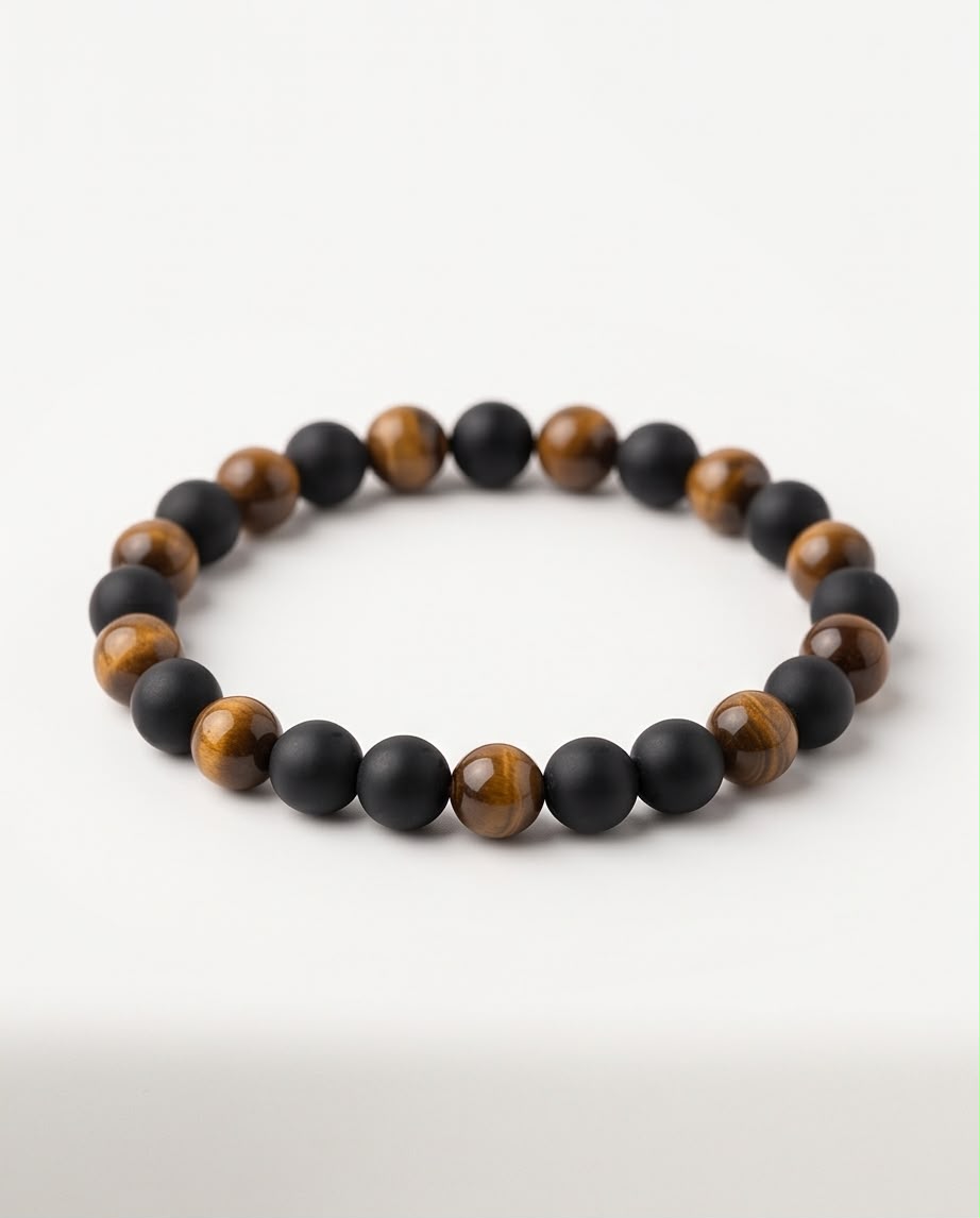 Tigerauge gelb / Onyx matt Edelstein Armband Herren