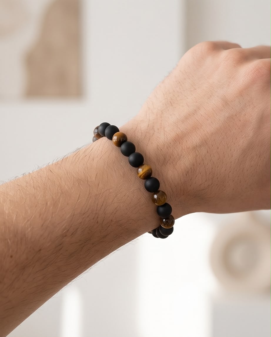 Tigerauge gelb / Onyx matt Edelstein Armband Herren