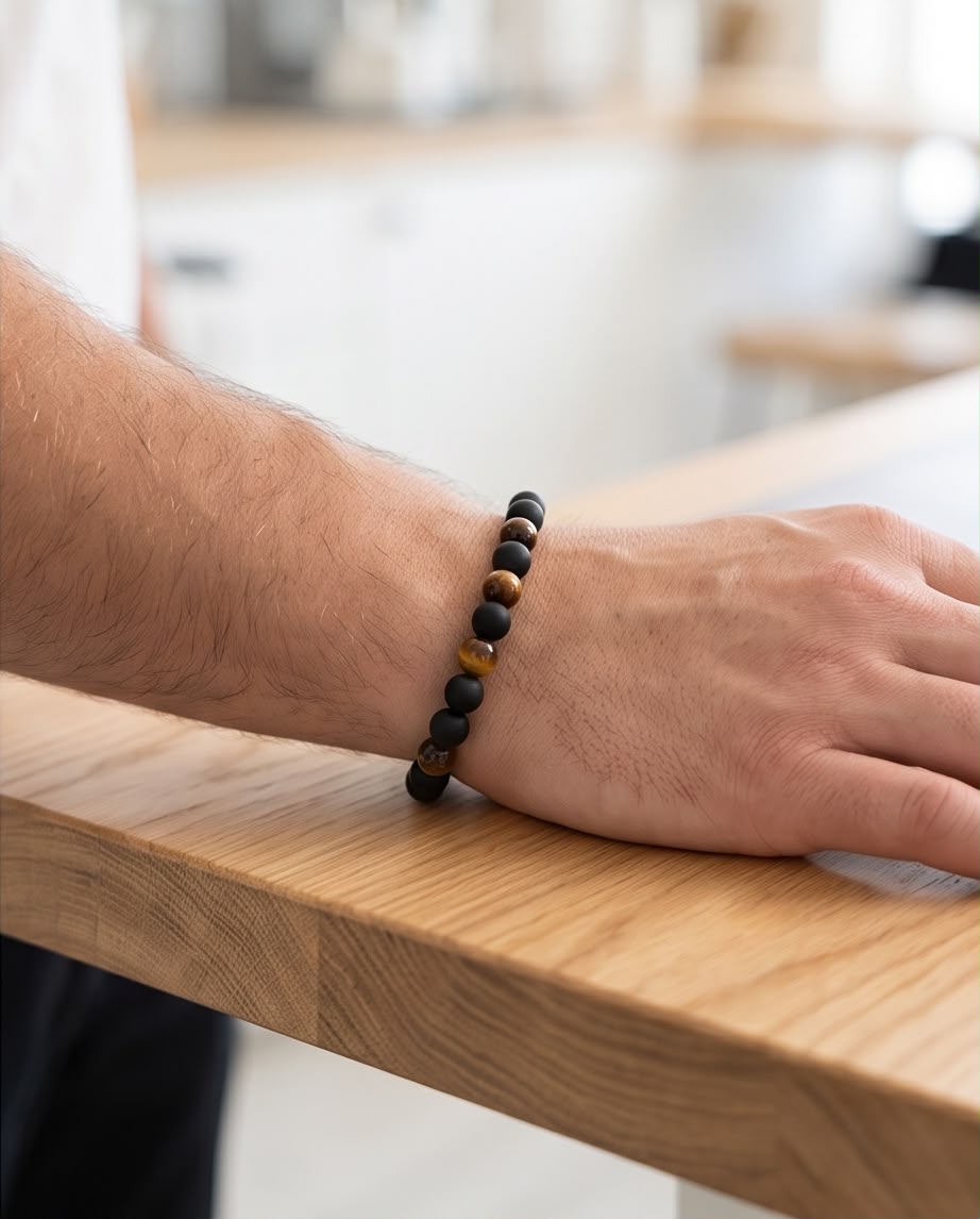 Tigerauge rot / Onyx matt Edelstein Armband Herren