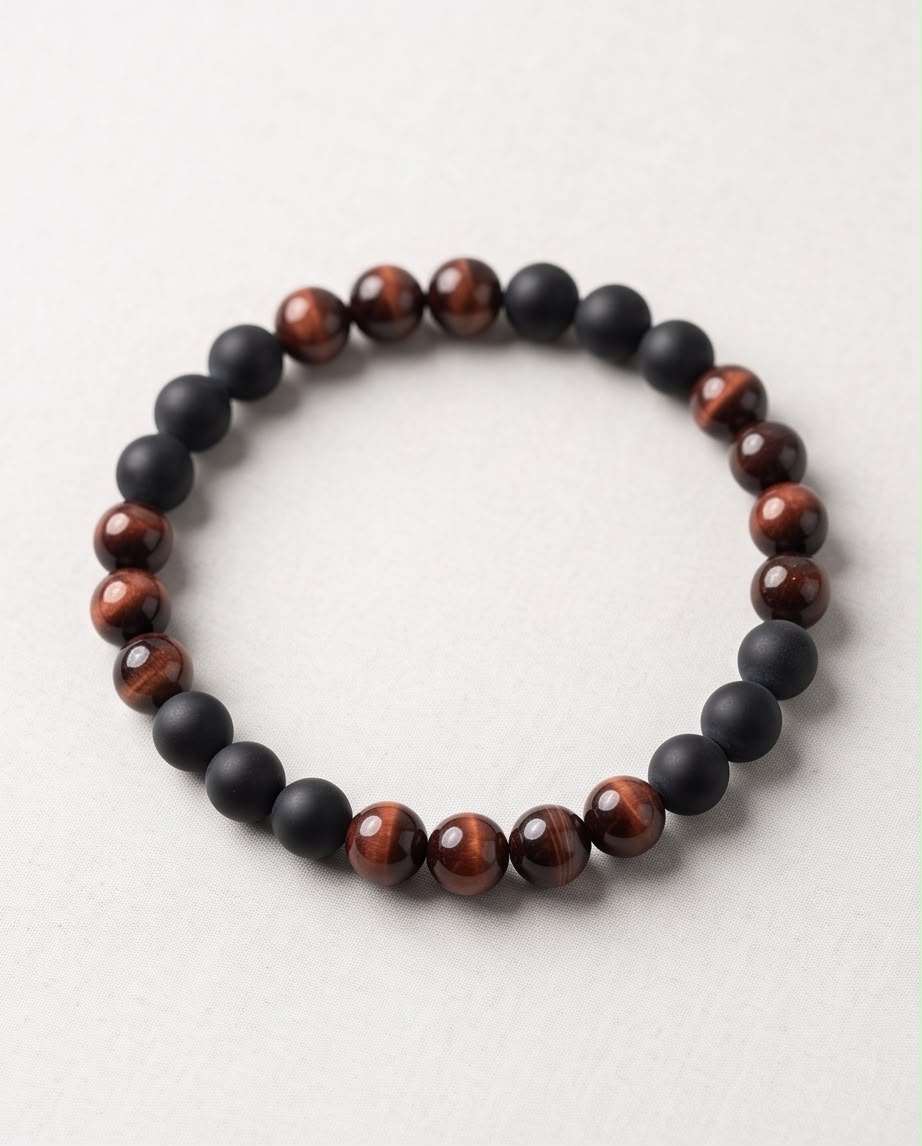 Tigerauge rot / Onyx matt Edelstein Armband Herren