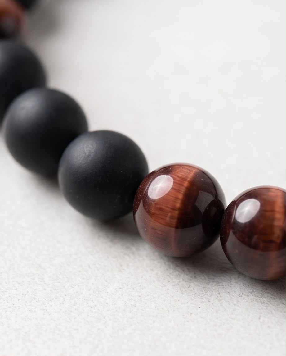 Tigerauge rot / Onyx matt Edelstein Armband Herren