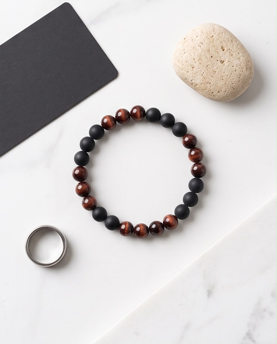 Tigerauge rot / Onyx matt Edelstein Armband Herren